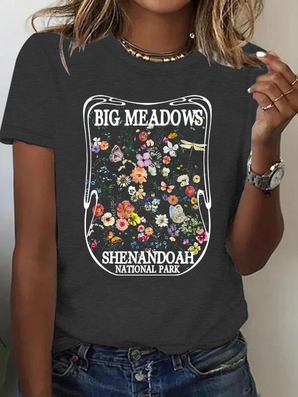 Women's Floral & Slogan Print Round Neck Tee, Vintage Trendy Casual Short Sleeve T-shirt for Daily Wear, Ladies Summer,...