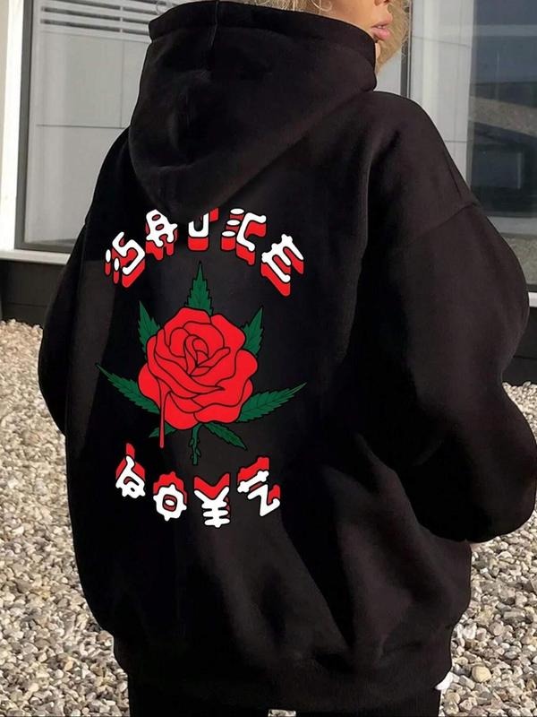 Women's Floral Print Drop Shoulder Hoodie, Fashion Casual Drawstring Pocket Hooded Sweatshirt for Daily Holiday Outdoor...