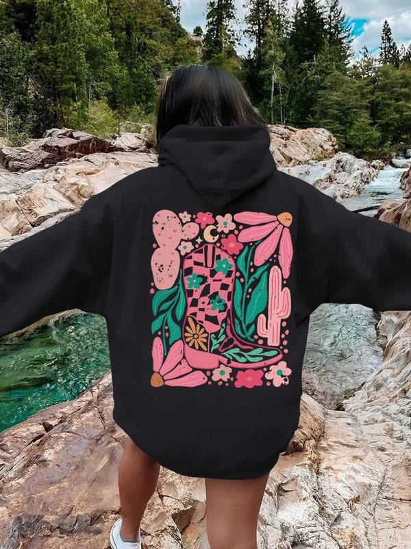Women's Floral Print Drop Shoulder Hoodie, Fashion Casual Drawstring Pocket Hooded Sweatshirt for Daily Holiday Outdoor...