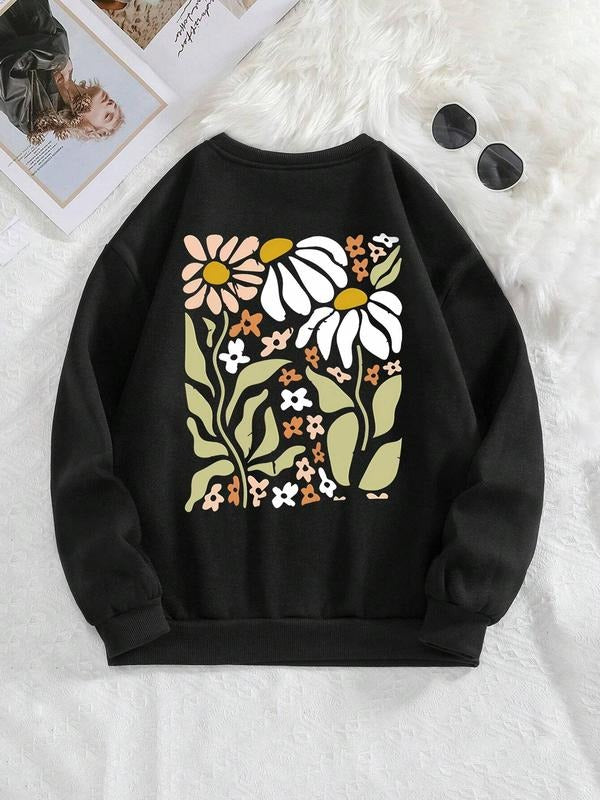 Women's Floral Print Drop Shoulder Sweatshirt, Casual Long Sleeve Round Neck Pullover for Fall & Winter, Women's Clothes...