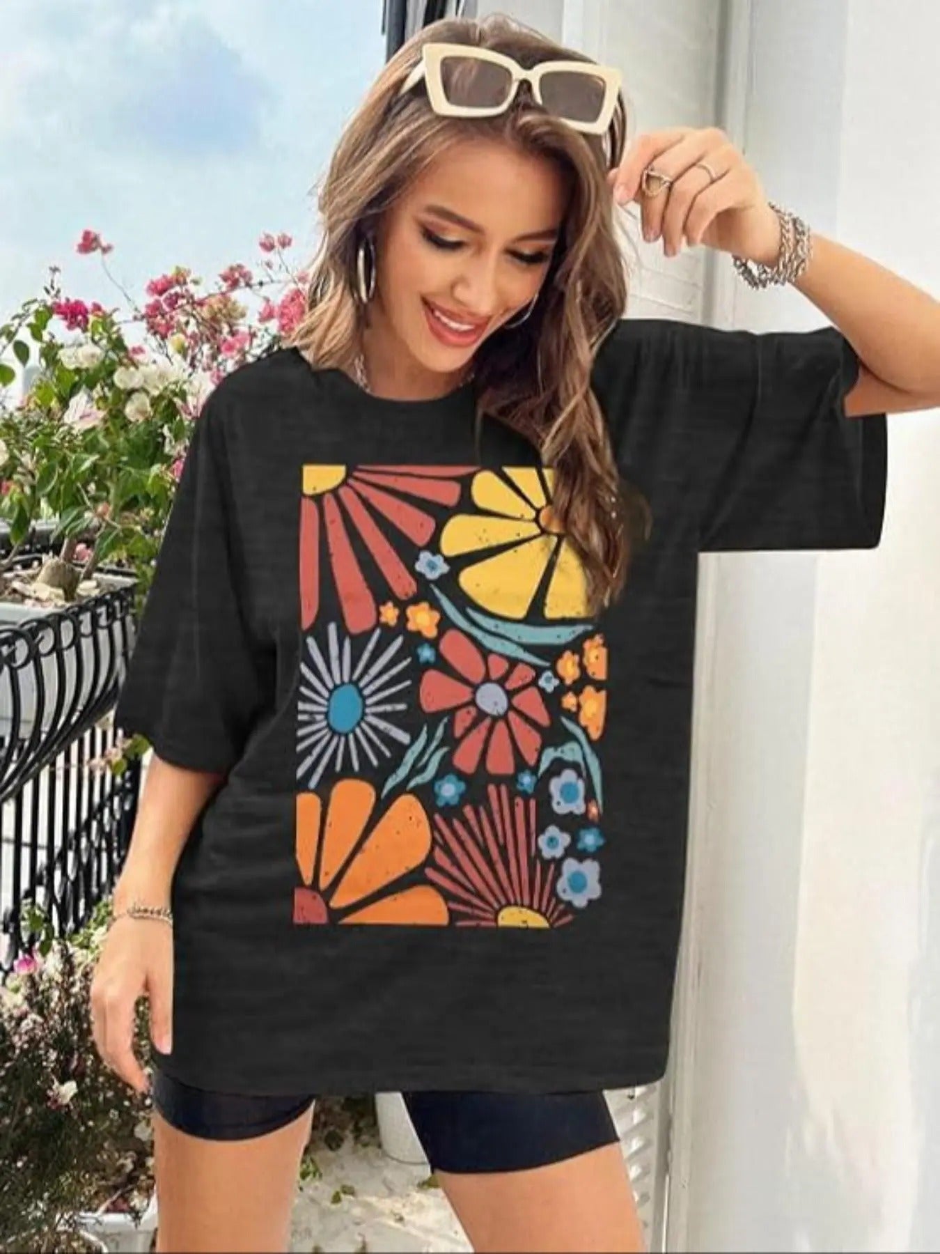 Women's Floral Print Drop Shoulder Tee, Casual Half Sleeve Round Neck T-shirt for Summer, Ladies Clothes for Daily Wear...