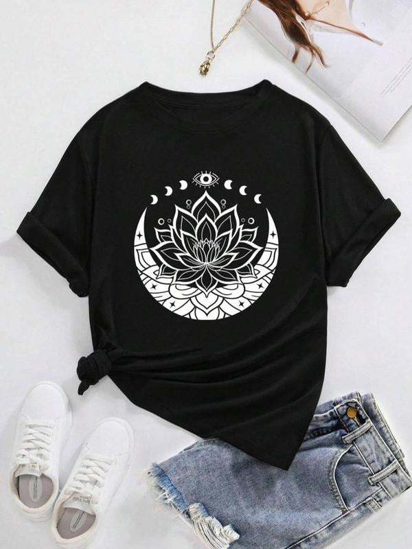 Women's Floral Print Round Neck Graphic Tee, Vintage Trendy Casual Short Sleeve T-shirt for Daily Wear, Ladies All...