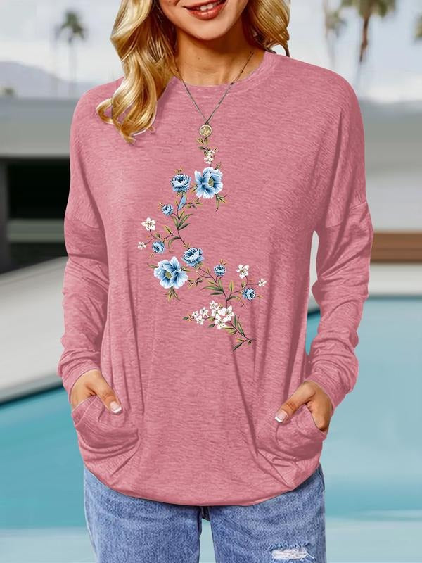 Women's Floral Print Round Neck Long Sleeve Pullover, Casual Loose-Fit T-Shirt with Pockets, Comfortable Spring & Fall...