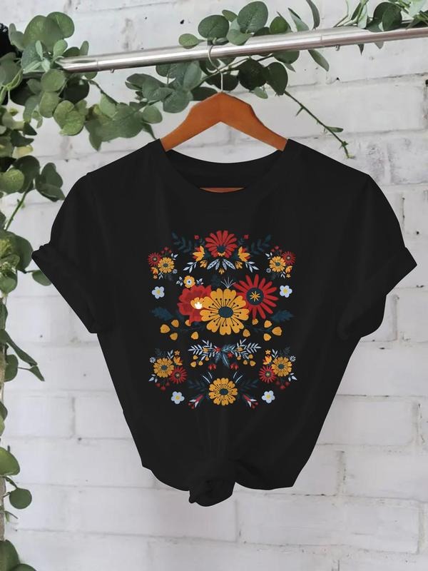 Women's Floral Print Round Neck Tee, Casual Short Sleeve Crew Neck T-Shirt for Summer, Fashion Women's Top for Daily Wear...