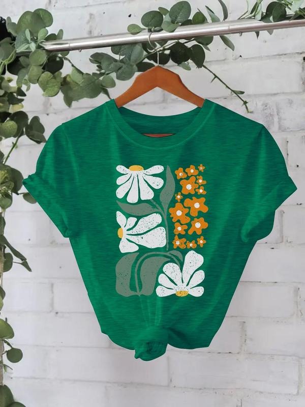 Women's Floral Print Round Neck Tee, Casual Short Sleeve Crew Neck T-Shirt for Summer, Fashion Women's Top for Daily Wear...