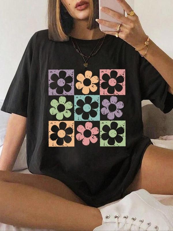 Women's Floral Print Round Neck Tee, Vintage Trendy Casual Drop Shoulder Short Sleeve T-Shirt for Daily Wear, Ladies All...