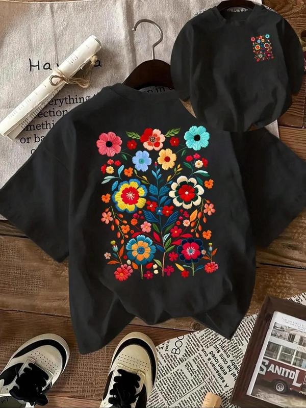 Women's Floral Print Round Neck Tee, Vintage Trendy Casual Short Sleeve T-shirt for Daily Wear, Ladies Summer Outfit, Top...