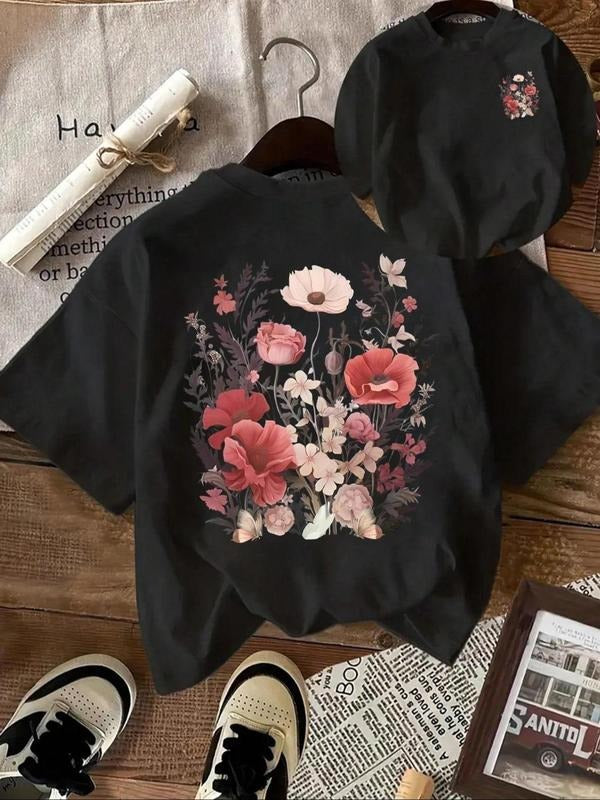 Women's Floral Print Round Neck Tee, Vintage Trendy Casual Short Sleeve T-shirt for Daily Wear, Ladies Summer Outfit, Top...