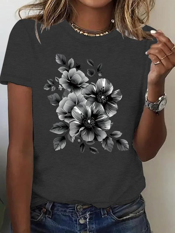 Women's Floral Print Round Neck Tee, Vintage Trendy Casual Short Sleeve T-shirt for Daily Wear, Ladies Summer, Top...