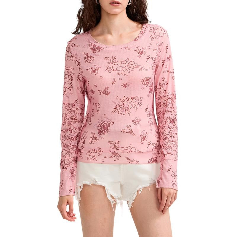 Women's Floral Print T-Shirts Scoop Neck Long SleeveFit Lettuce Trim Casual Spring Tops Hoodie, Sweatshirt | HypeDripTees.com