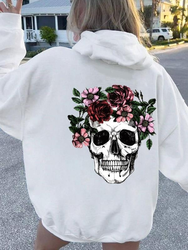 Women's Floral Skull Print Drop Shoulder Hoodie, Fashion Casual Drawstring Pocket Hooded Sweatshirt for Daily Holiday...