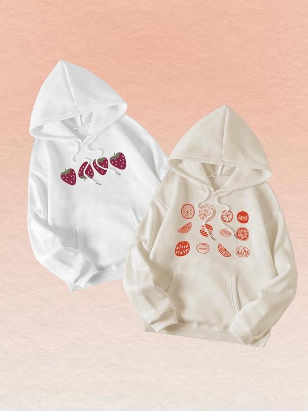 Women's Fruit & Animal & Letter Print Drop Shoulder Hoodie, Fashion Casual Drawstring Pocket Hooded Sweatshirt for Daily...