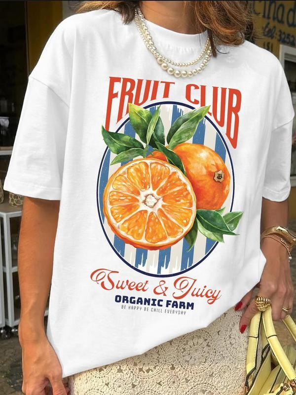 Women's Fruit Print Round Neck Tee, Casual Short Sleeve Crew Neck T-Shirt for Daily Wear, Ladies Clothes for All Seasons,...