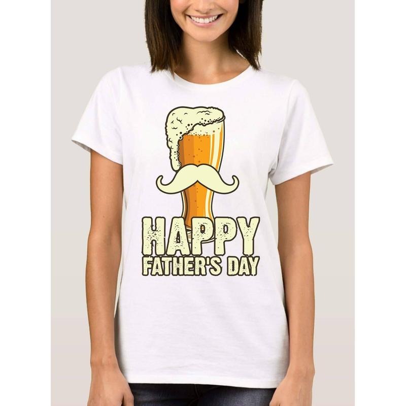 Women's Funny Father's Day Beer Mustache Graphic T-Shirt