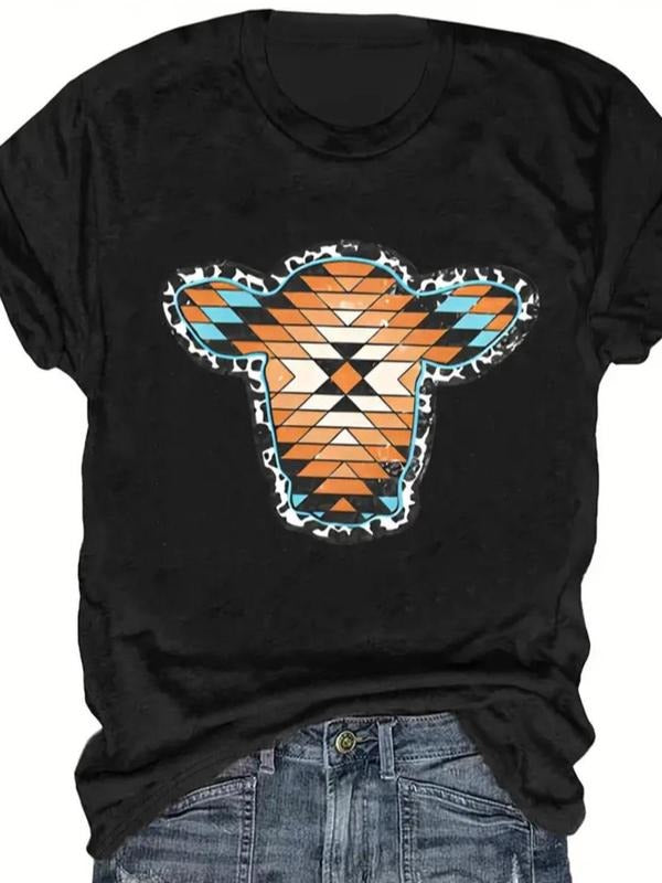 Women's Geometric Bull Head Print Round Neck Graphic Tee, Vintage Trendy Casual Short Sleeve T-shirt for Daily Wear,...