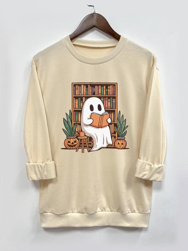 Women's Ghost & Book Print Round Neck Sweatshirt, Casual Long Sleeve Pullover, Women's Fall & Winter Clothes for Daily...
