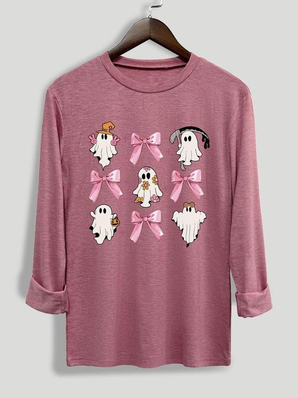 Women's Ghost & Bow Print Round Neck Tee, Casual Long Sleeve Crew Neck T-shirt for Fall & Winter, Women Clothes for Daily...