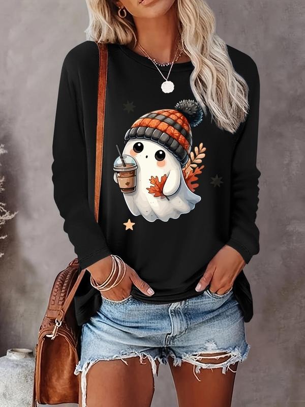 Women's Ghost & Coffee Print Round Neck Tee, Casual Long Sleeve Crew Neck T-shirt  for Fall & Winter, Women's Clothes for...