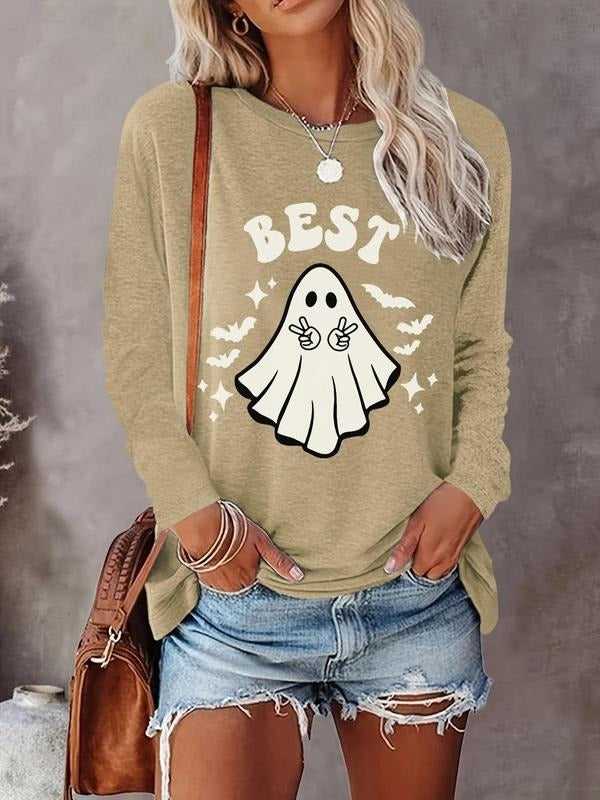 Women's Ghost & Letter Print Drop Shoulder Sweatshirt, Halloween Casual Long Sleeve Round Neck Pullover for Daily Wear,...
