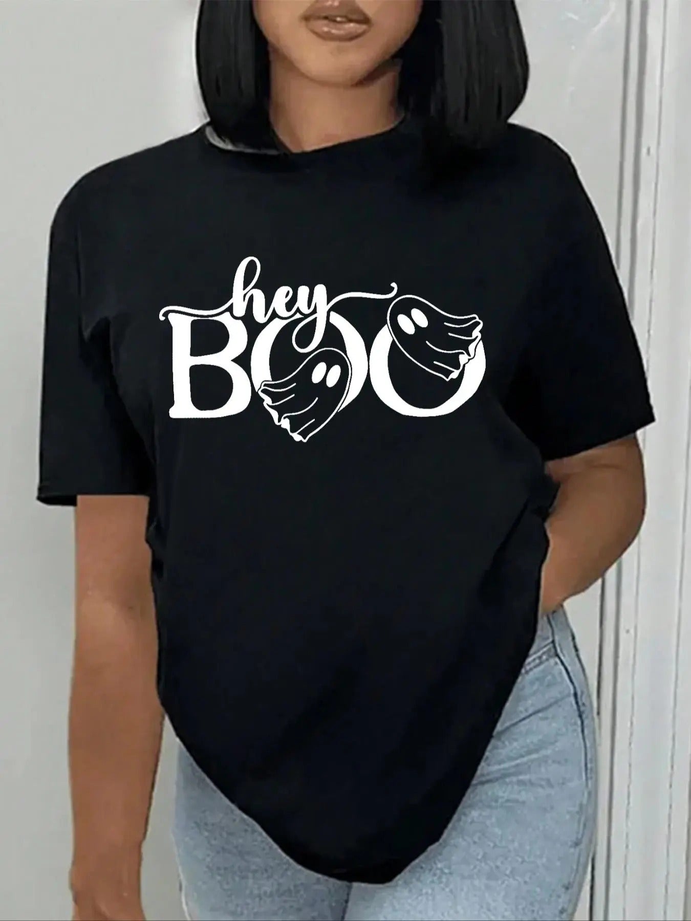 Women's Ghost & Letter Print Round Neck Graphic Tee, Vintage Trendy Casual Short Sleeve T-shirt for Daily Wear, Ladies...