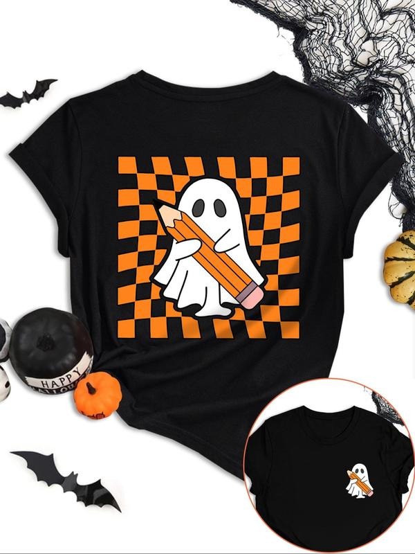 Women's Ghost & Plaid Print Round Neck Graphic Tee, Casual Short Sleeve T-shirt for Daily Wear, Ladies All Seasons Tops...