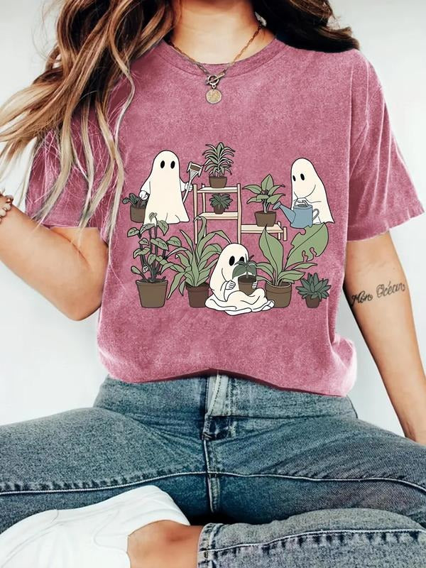 Women's Ghost & Plants Print Round Neck Tee, Casual Short Sleeve Crew Neck T-shirt for Summer, Fashion Women's Top for...