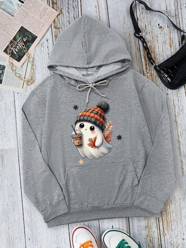 Ghost & Pumpkin Print Drop Shoulder Casual Drawstring Pocket Hooded Daily Outdoor Fall & Winter T-Shirts, Hoodie, Sweatshirt