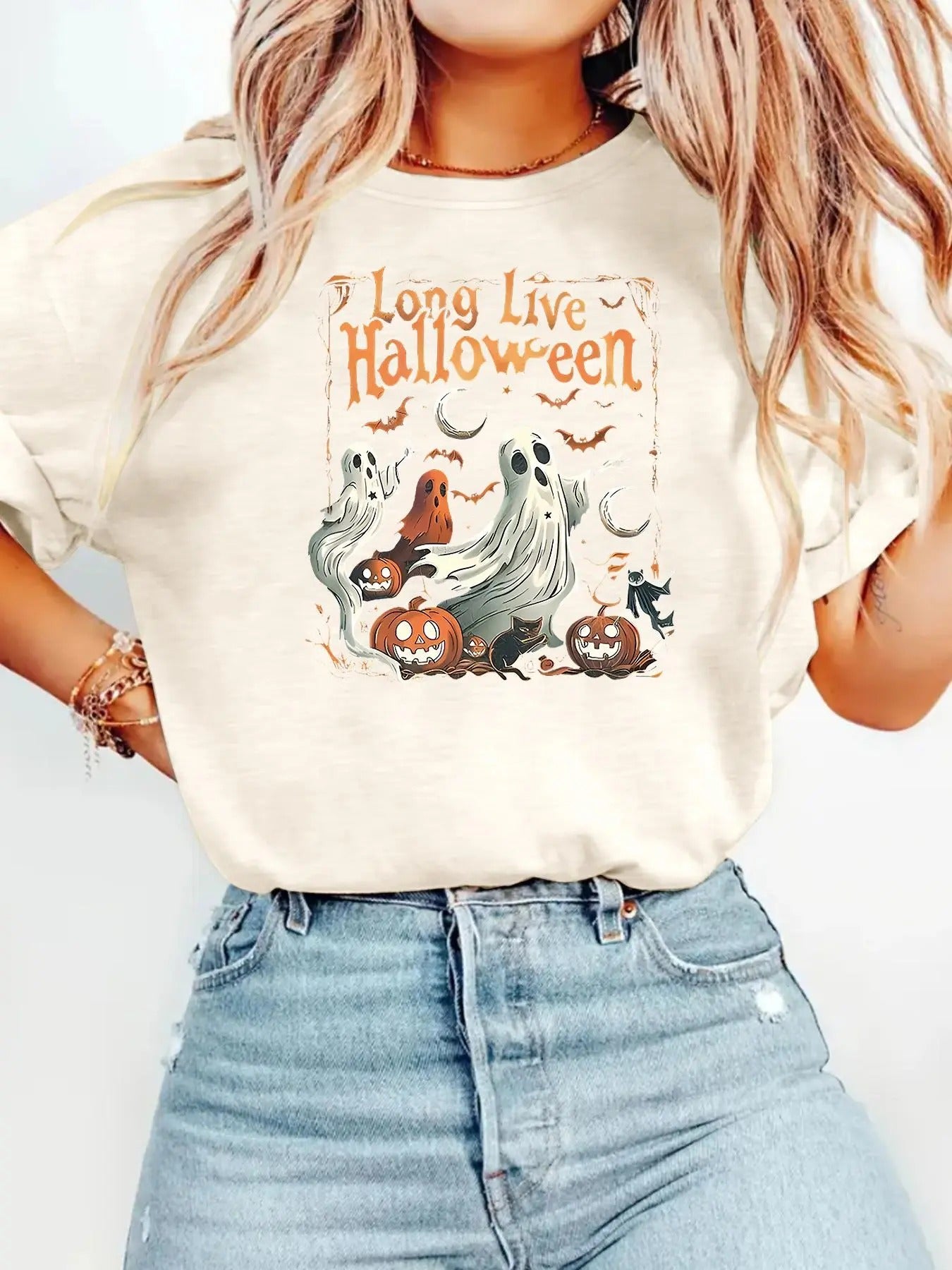 Women's Ghost & Pumpkin Print Round Neck Tee, Casual Halloween Graphic Short Sleeve T-Shirt for Summer, Women's Top for...