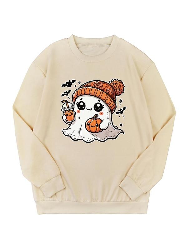 Women's Ghost Print Drop Shoulder Sweatshirt, Casual Long Sleeve Round Neck Pullover for Halloween Daily Wear, Ladies...