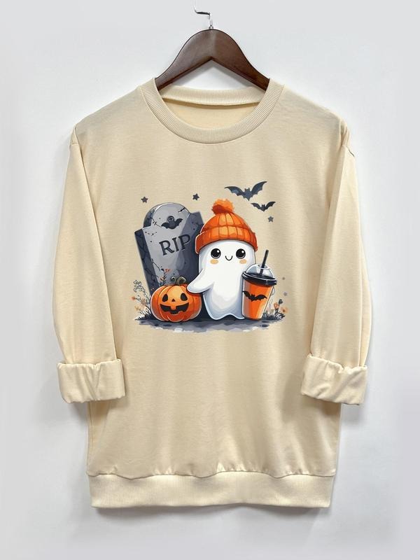 Women's Ghost Print Round Neck Sweatshirt, Casual Long Sleeve Crew Neck Pullover for Halloween Fall & Winter, Women's...