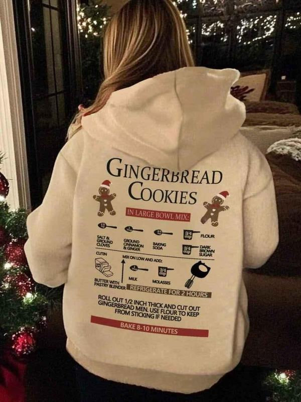 Women's Gingerbread Man & Letter Print Drawstring Pocket Hoodie, Casual Long Sleeve Hooded Sweatshirt for Fall & Winter,...