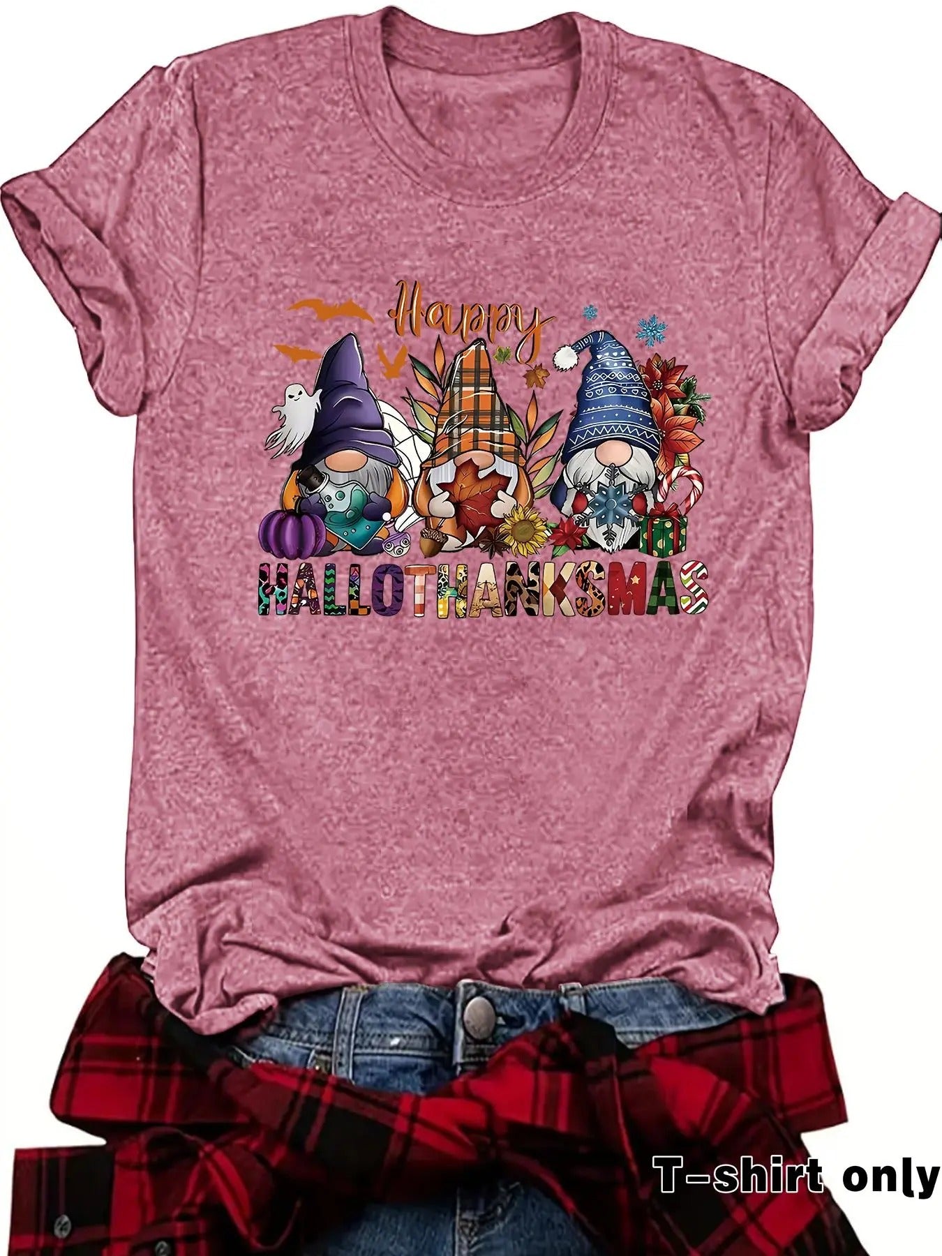 Women's Gnome & Letter Print Round Neck Tee, Casual Short Sleeve Crew Neck T-shirt for Summer, Fashion Women's Top for...