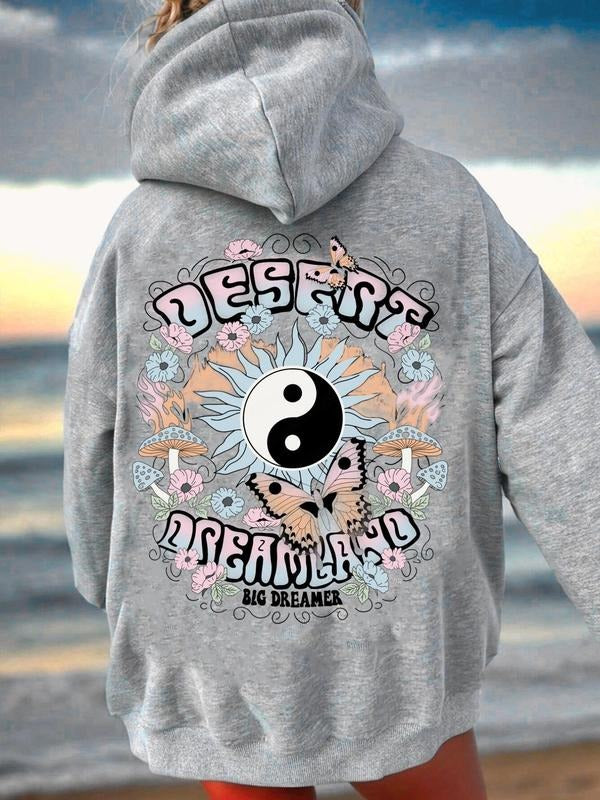 Women's Graphic & Letter Print Drop Shoulder Hoodie, Fashion Casual Kangaroo Pocket Hooded Sweatshirt for Daily Holiday...