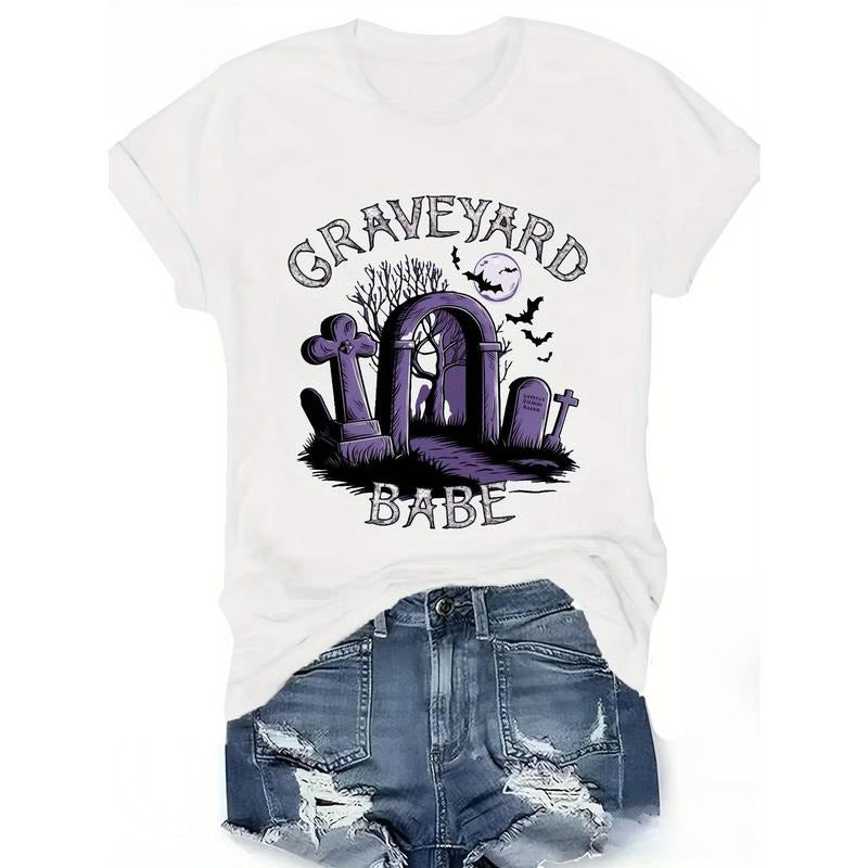 Women's Graveyard Babe Graphic T-Shirt - 100% Cotton Comfort Fit Short Sleeve Round Neck Casual Top with Tombstone & Bat...