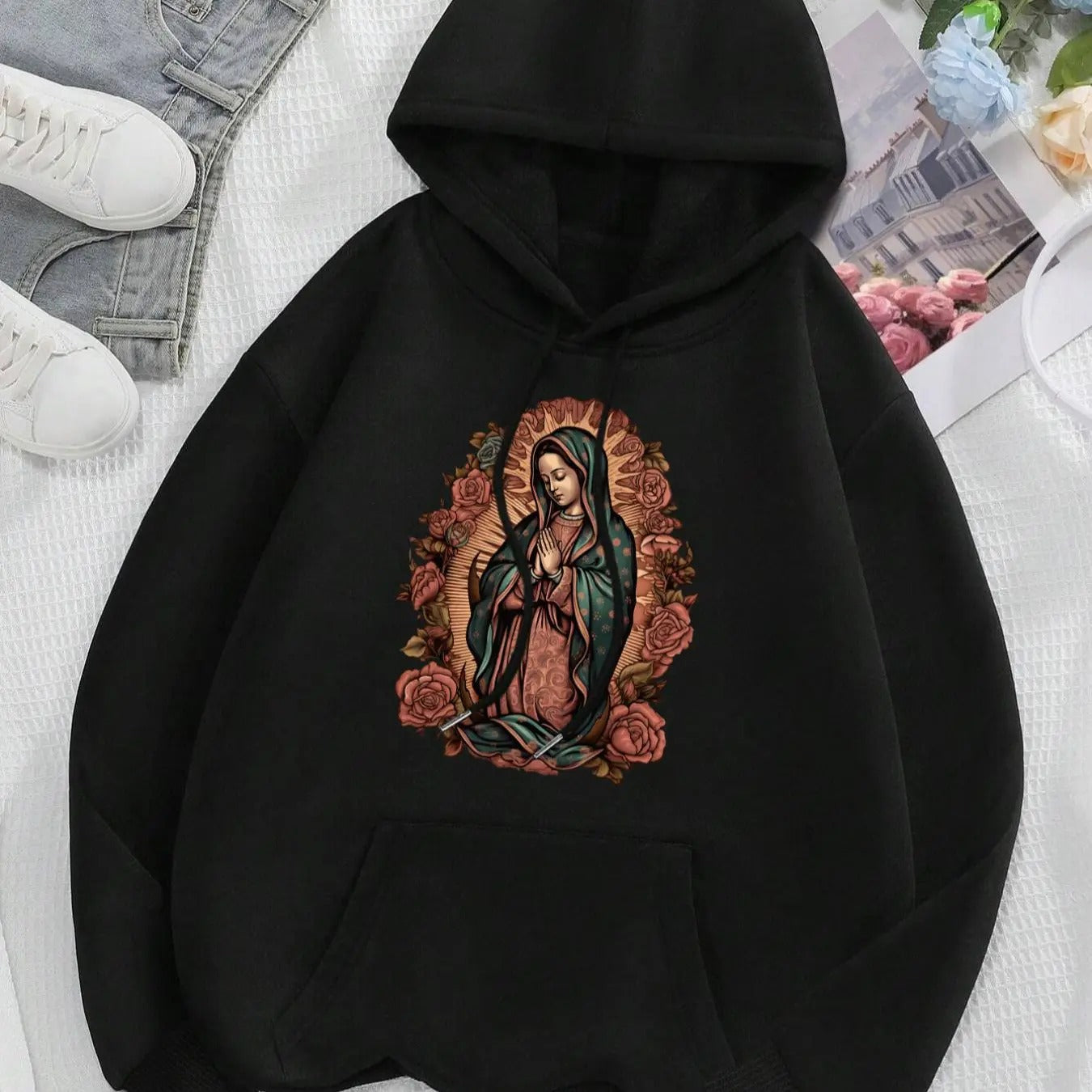 Women's Guadalupe Virgin Mary Floral Drop Shoulder Hoodie, Fashion Casual Drawstring Pocket Hooded Sweatshirt for Daily...