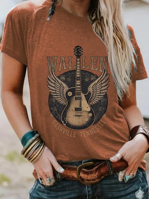 Women's Guitar & Letter Print Round Neck Tee, Vintage Trendy Casual Short Sleeve T-shirt for Daily Wear, Ladies Summer...
