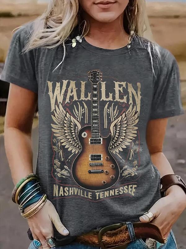 Women's Guitar Print Round Neck Tee, Casual Short Sleeve Crew Neck T-shirt for Spring, Fashion Women's Top for Daily...