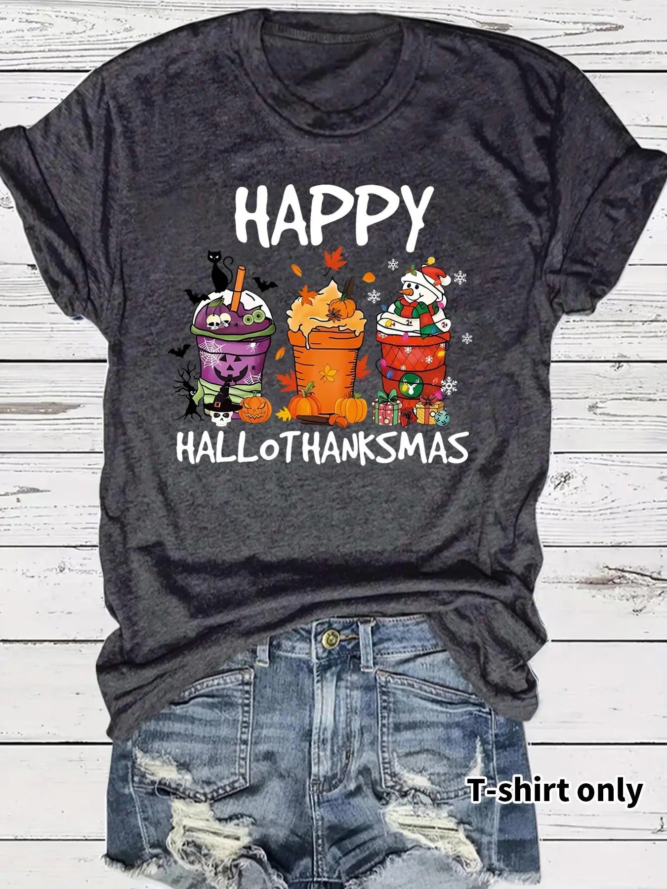 Women's Halloween & Christmas Print Round Neck Tee, Casual Short Sleeve Crew Neck T-Shirt for Fall & Winter, Women's Top...