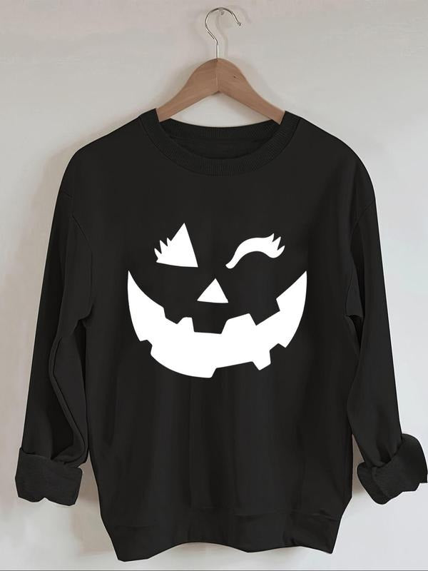 Women's Halloween Cartoon Face Drop Shoulder Sweatshirt, Casual Long Sleeve Round Neck Pullover for Fall & Winter, Ladies...