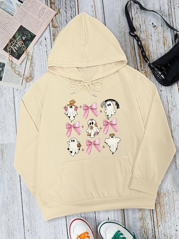 Women's Halloween Cartoon Ghost Print Drawstring Pocket Hoodie, Fashion Casual Long Sleeve Hooded Sweatshirt for Daily...
