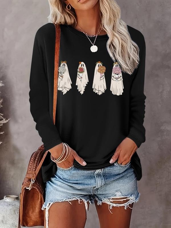 Women's Halloween Cartoon Ghost Print Drop Shoulder Tee, Casual Long Sleeve Round Neck T-shirt for Fall & Winter, Ladies...