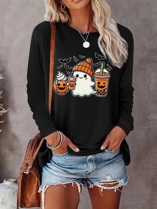 Women's Halloween Cartoon Ghost Print Drop Shoulder Tee, Casual Long Sleeve Round Neck T-shirt for Fall & Winter, Ladies...