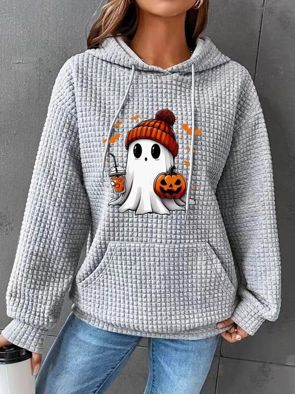 Women's Halloween Cartoon Ghost Print Drop Shoulder Textured Hoodie, Fashion Casual Drawstring Pocket Hooded Sweatshirt...