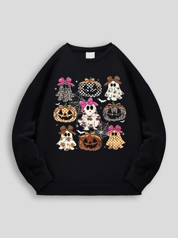 Women's Halloween Cartoon Ghost Print Sweatshirt, Vintage Pumpkin Bat Combo, Casual Fitted Round Neck Pullover for Fall &...