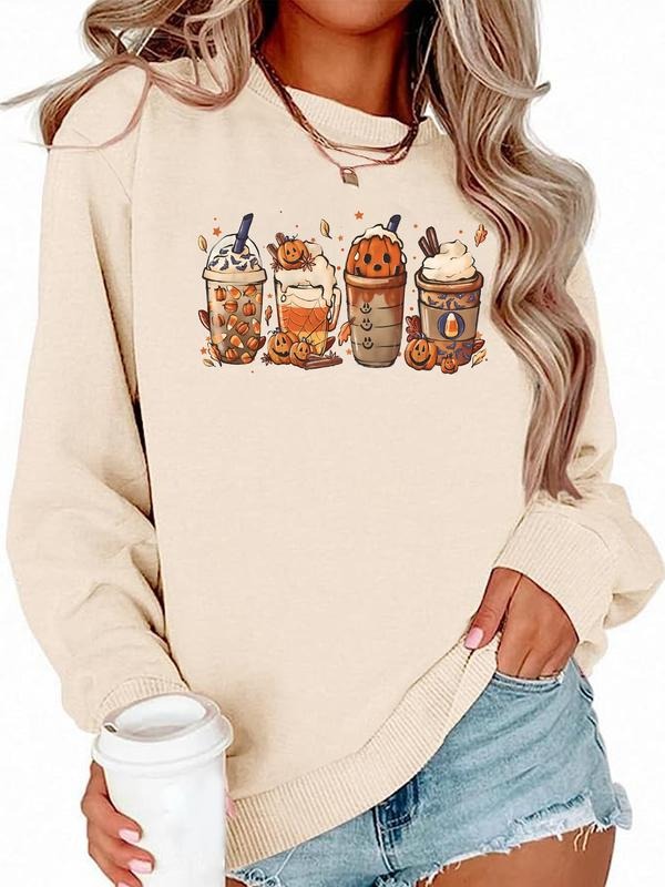 Women's Halloween Drink Print Drop Shoulder Sweatshirt, Casual Long Sleeve Round Neck Pullover for Daily Wear, Ladies...