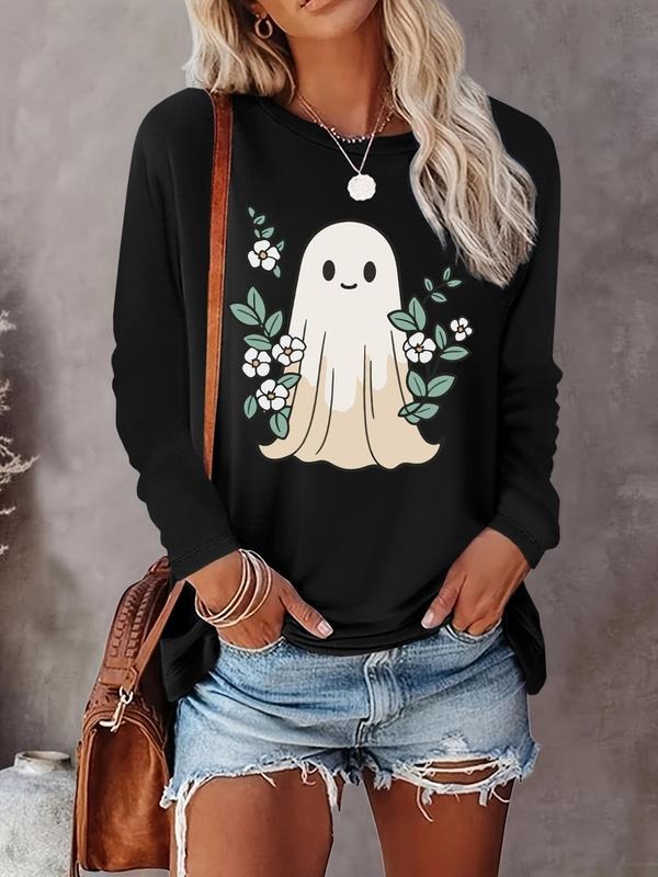 Women's Halloween Ghost & Floral Print Round Neck Tee, Casual Long Sleeve Crew Neck T-Shirt for Fall & Winter, Women's...