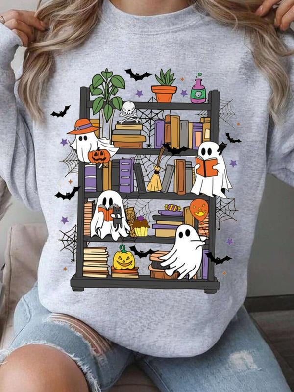 Women's Halloween Ghost Cartoon Print Hoodie, Lightweight Polyester Sweatshirt with Kangaroo Pocket, Cute Patch Design...