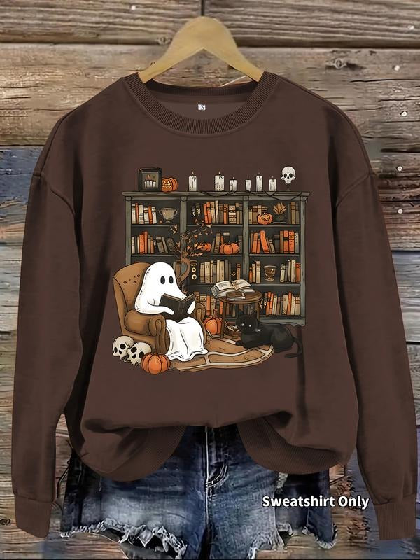 Women's Halloween Ghost Graphic Pullover Sweater, Soft Long Sleeve Round Neck Sweatshirt, Casual Daily Wear T-Shirts, Hoodie
