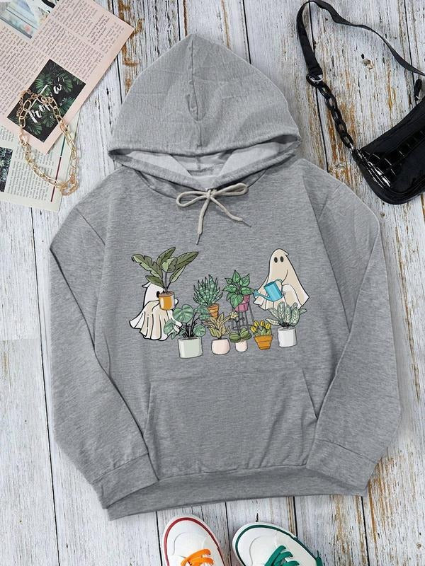 Women's Halloween Ghost Print Drop Shoulder Hoodie, Fashion Casual Drawstring Pocket Hooded Sweatshirt for Daily Holiday...