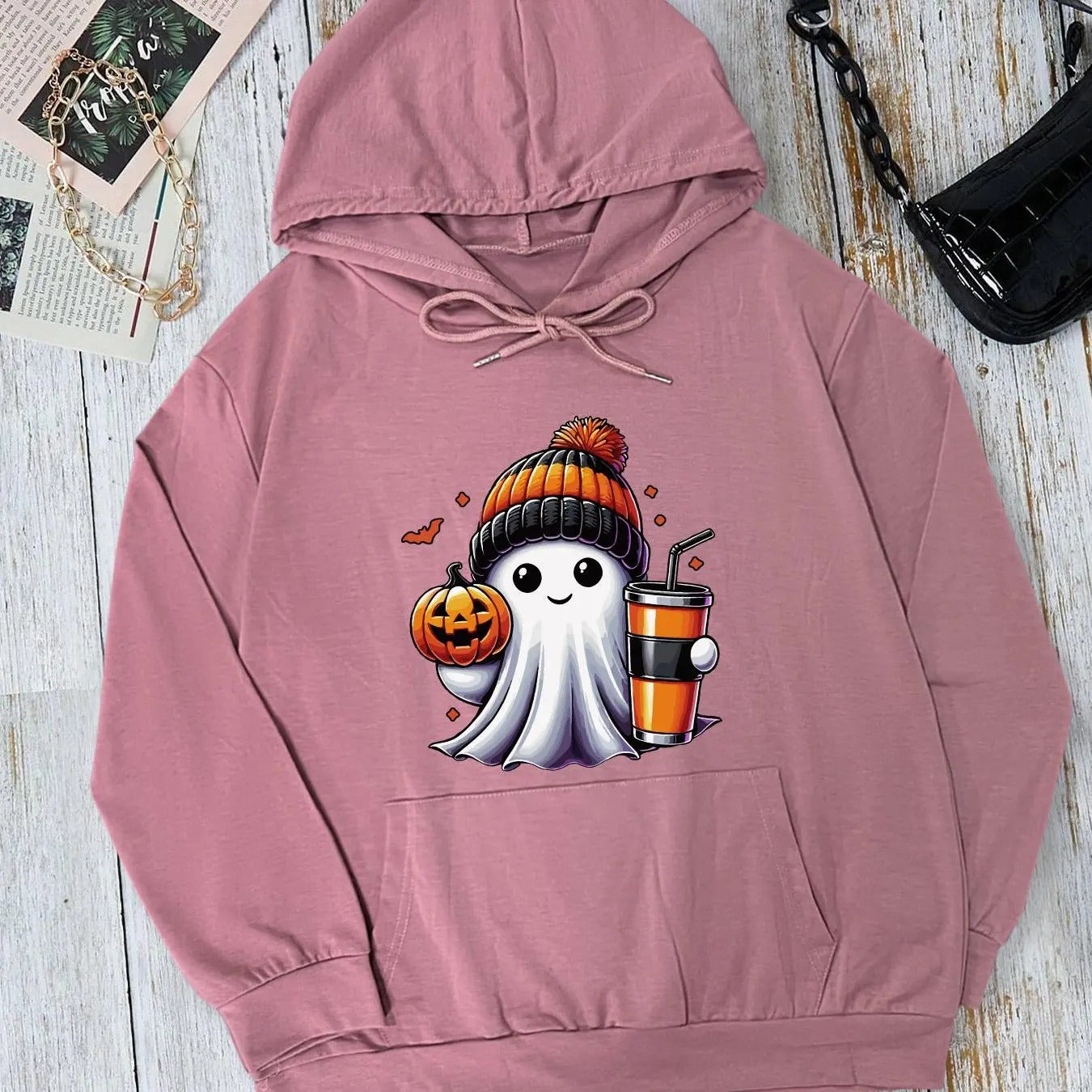 Women's Halloween Ghost Print Drop Shoulder Hoodie, Fashion Casual Drawstring Pocket Hooded Sweatshirt for Daily Holiday...